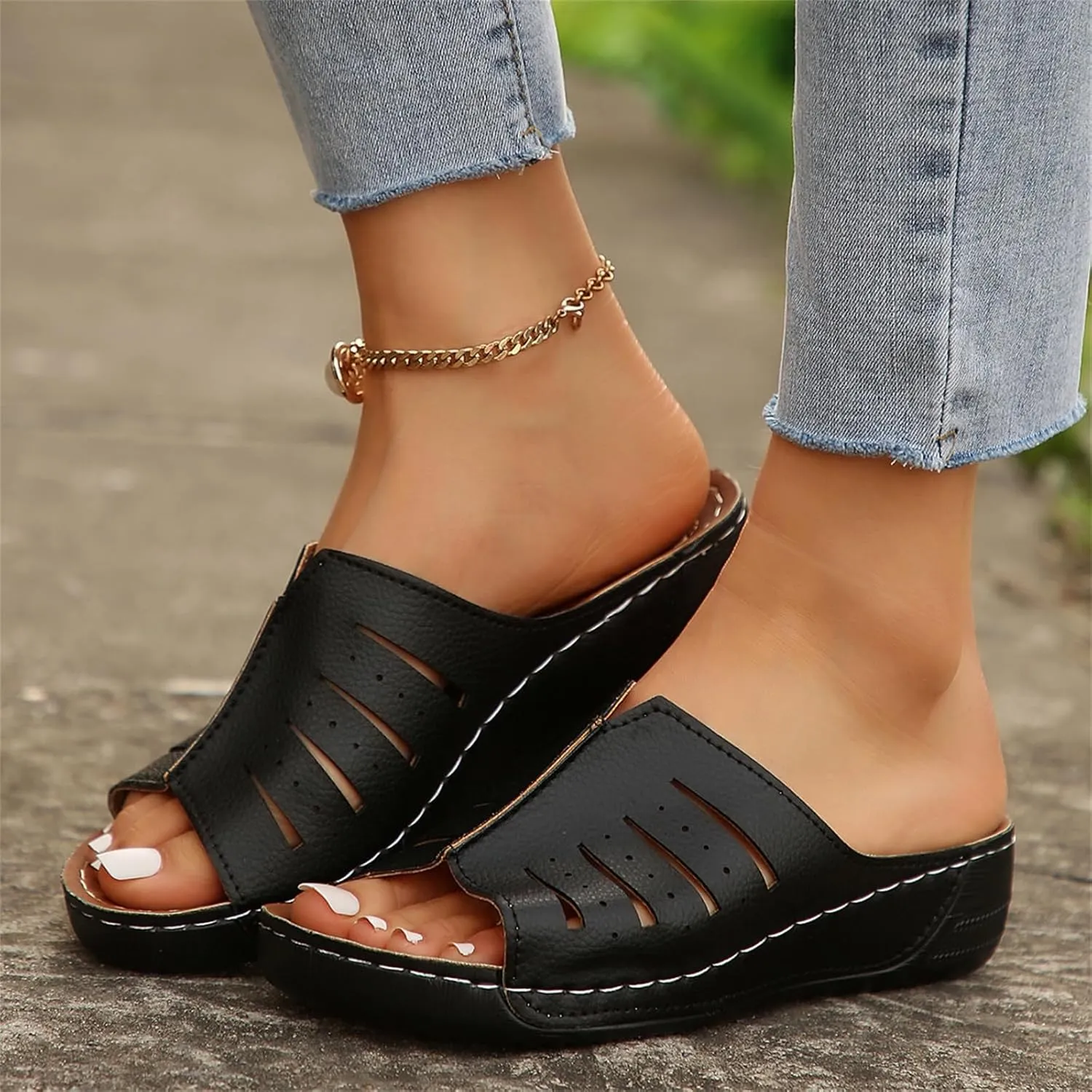 Womens Platform Sandals Orthopedic Arch Support Slip on Wedge Sandals Lightweight Leather Open Toe Slippers