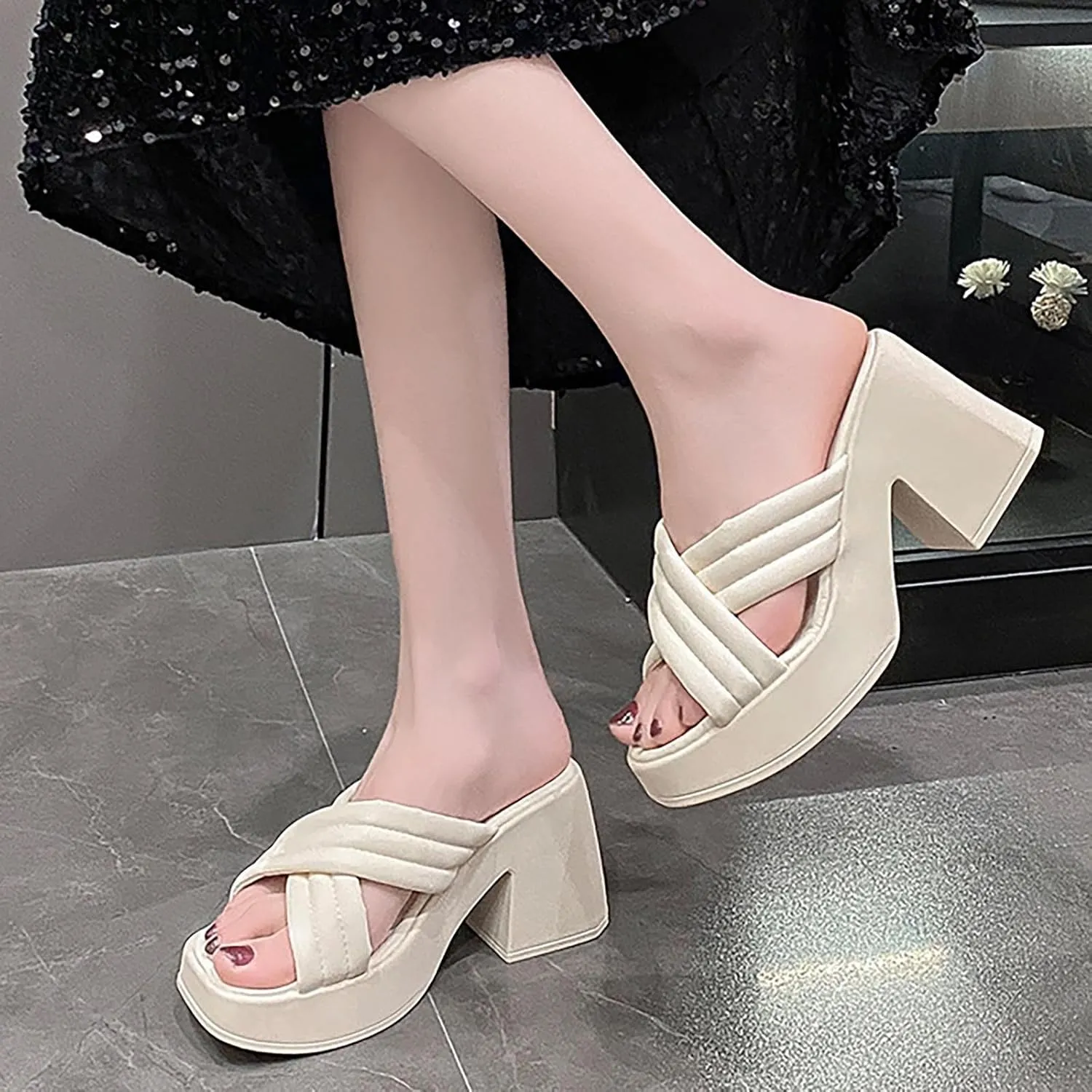 Women's Platform Strappy Sandals Memory Foam Cloud Thick Sole Slides Pillow Slippers Slip On Beach Open Toe Flip Flops