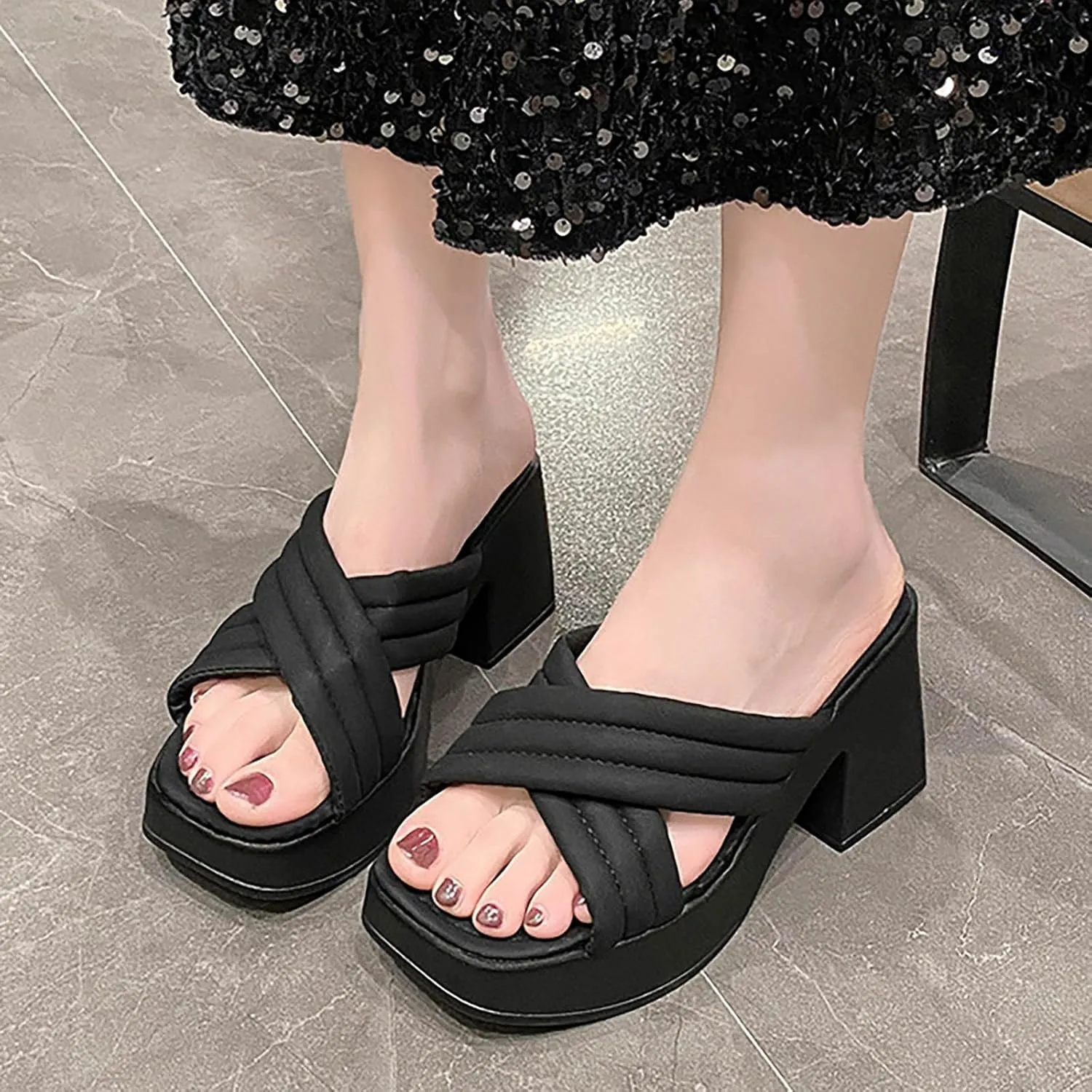 Women's Platform Strappy Sandals Memory Foam Cloud Thick Sole Slides Pillow Slippers Slip On Beach Open Toe Flip Flops