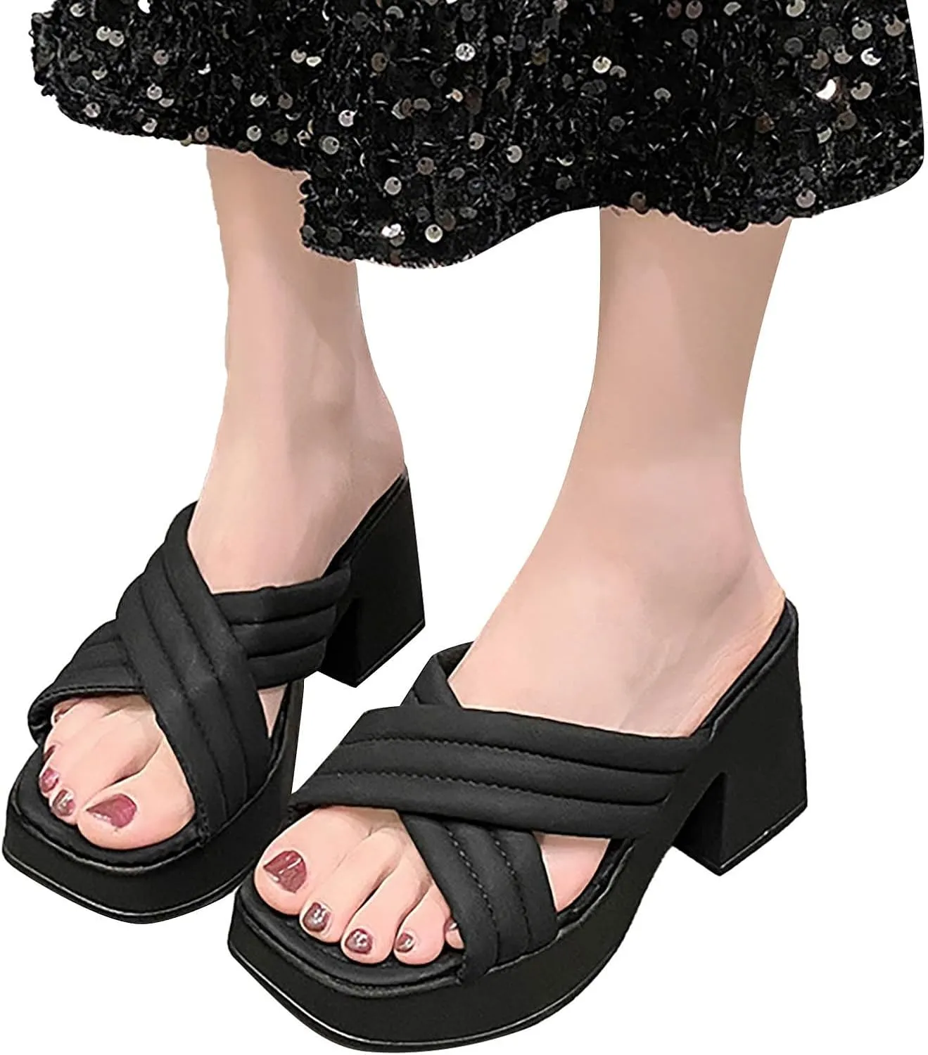 Women's Platform Strappy Sandals Memory Foam Cloud Thick Sole Slides Pillow Slippers Slip On Beach Open Toe Flip Flops