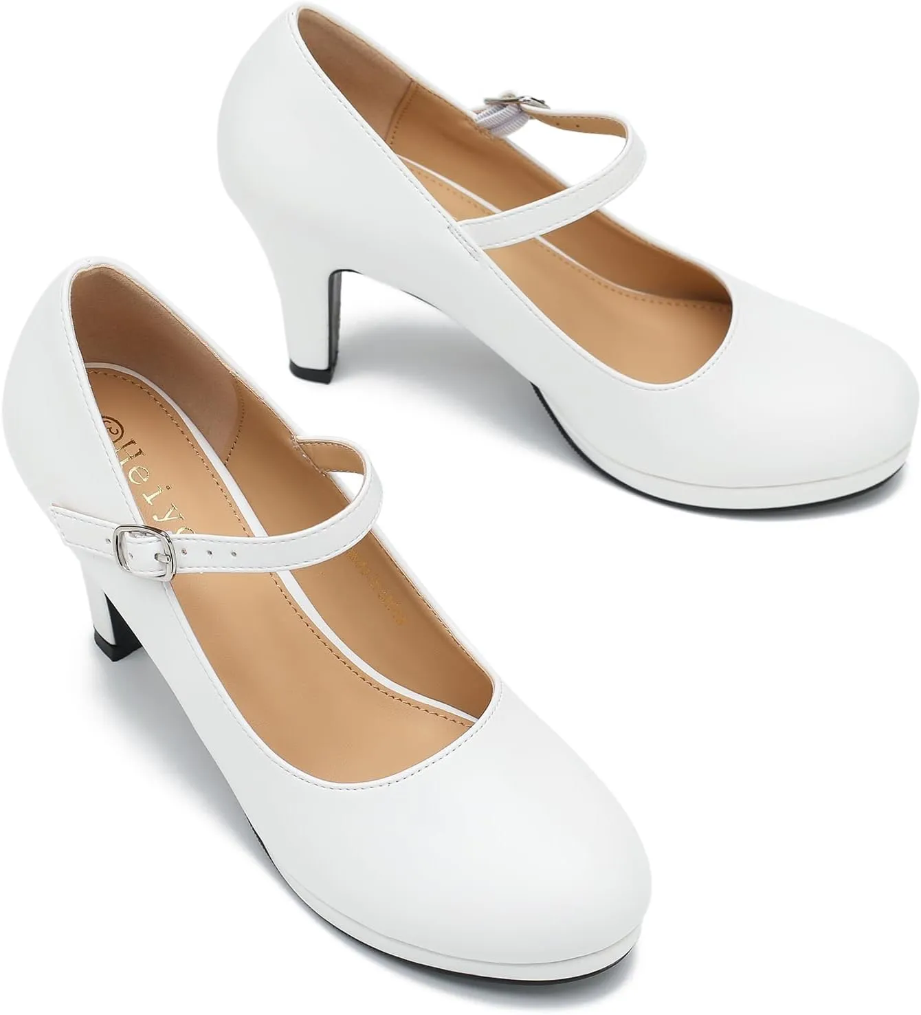 Women's Pumps Close Toe High Heels Classic Round Toe Mary Jane Comfortable Low Platform Ankle Strap Dress Shoes