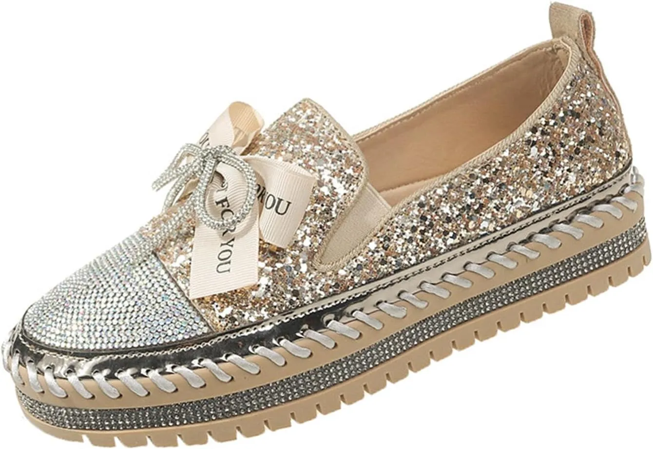 Women's Rhinestones Glitter Bow Platform Loafers,Fashion Casual Slip-On Sequin Shiny Sneaker,Comfort Round Toe Platform Slip On Walking Shoes