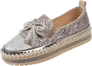 Women's Rhinestones Glitter Bow Platform Loafers,Fashion Casual Slip-On Sequin Shiny Sneaker,Comfort Round Toe Platform Slip On Walking Shoes