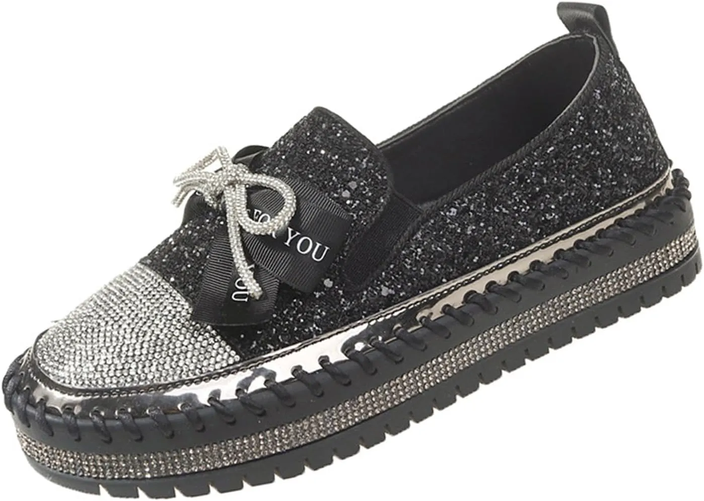 Women's Rhinestones Glitter Bow Platform Loafers,Fashion Casual Slip-On Sequin Shiny Sneaker,Comfort Round Toe Platform Slip On Walking Shoes