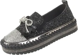 Women's Rhinestones Glitter Bow Platform Loafers,Fashion Casual Slip-On Sequin Shiny Sneaker,Comfort Round Toe Platform Slip On Walking Shoes