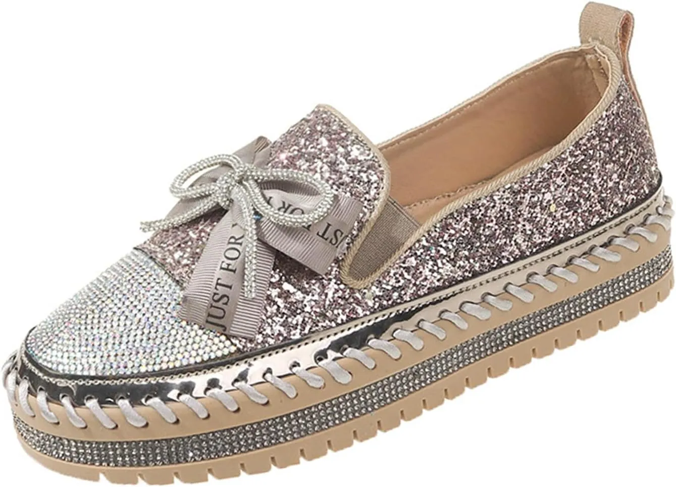 Women's Rhinestones Glitter Bow Platform Loafers,Fashion Casual Slip-On Sequin Shiny Sneaker,Comfort Round Toe Platform Slip On Walking Shoes