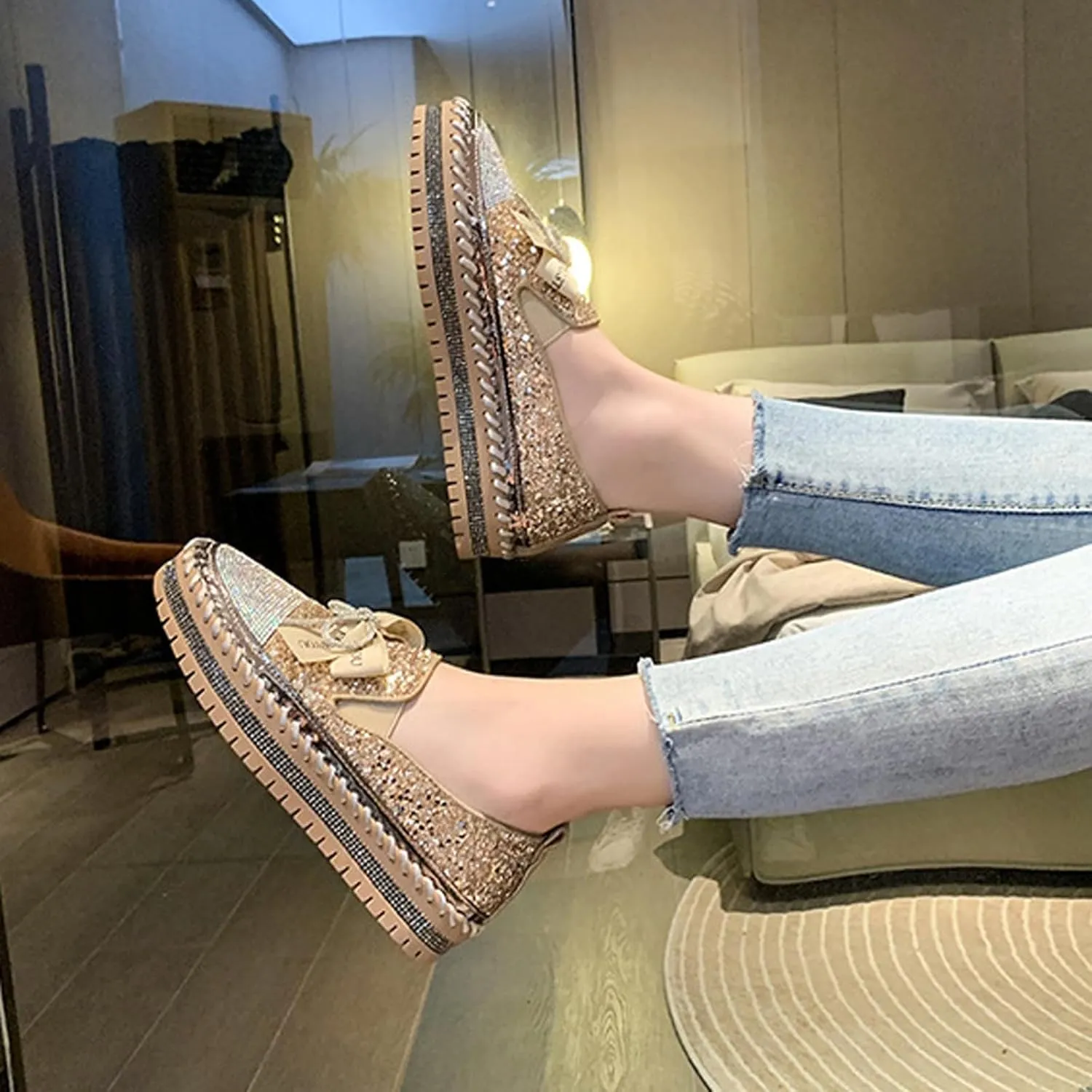 Women's Rhinestones Glitter Bow Platform Loafers,Fashion Casual Slip-On Sequin Shiny Sneaker,Comfort Round Toe Platform Slip On Walking Shoes