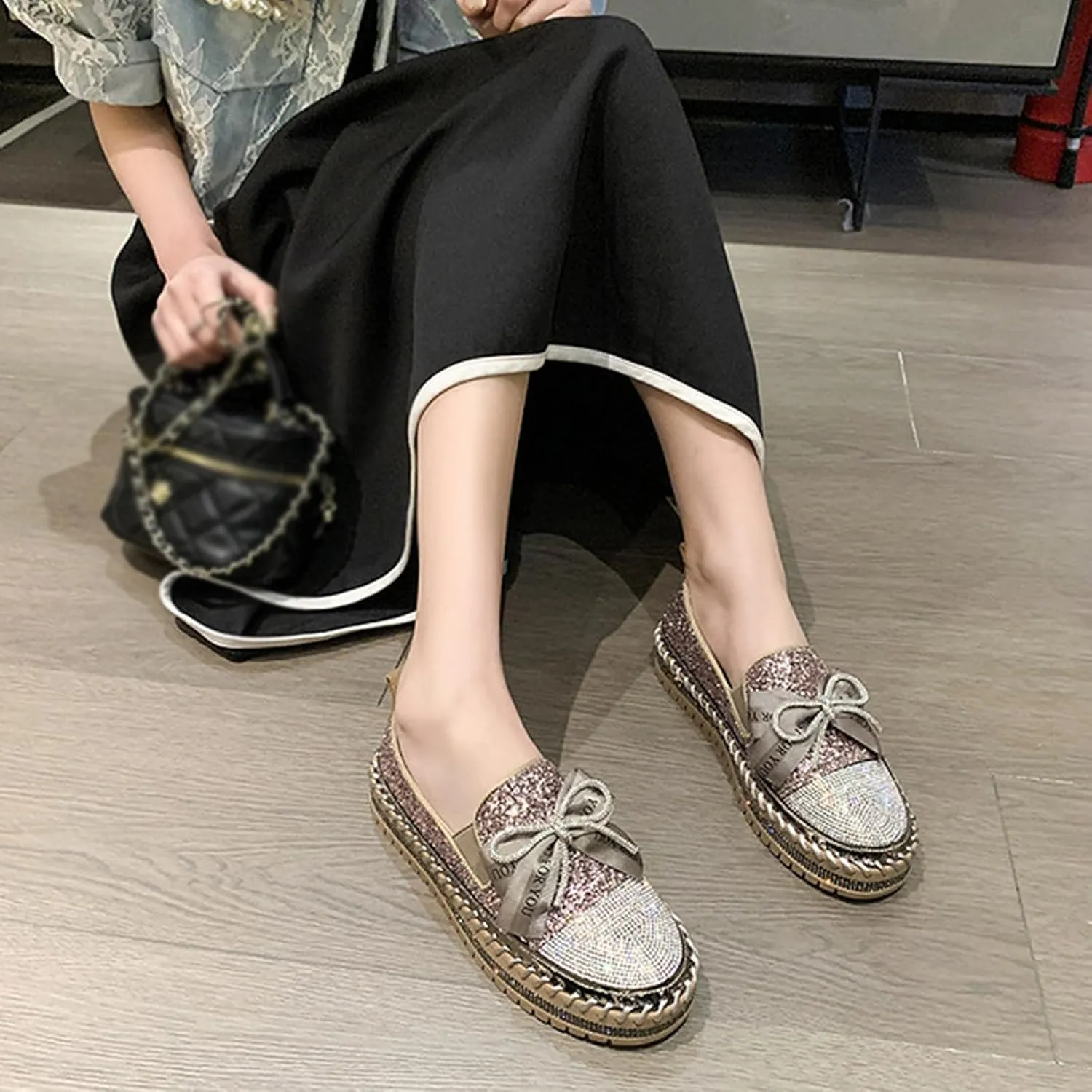 Women's Rhinestones Glitter Bow Platform Loafers,Fashion Casual Slip-On Sequin Shiny Sneaker,Comfort Round Toe Platform Slip On Walking Shoes