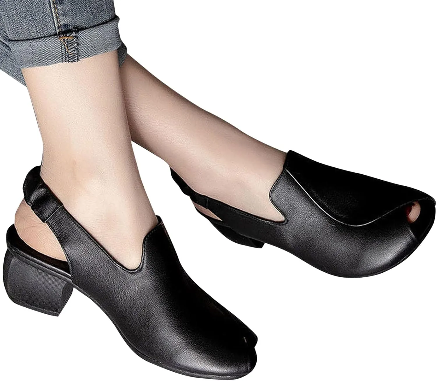 Women's Sandal Leather Fish Mouth Chunky Dress Shoes Slingback Block Heel Open Toe Sandal with Adjustable Strap