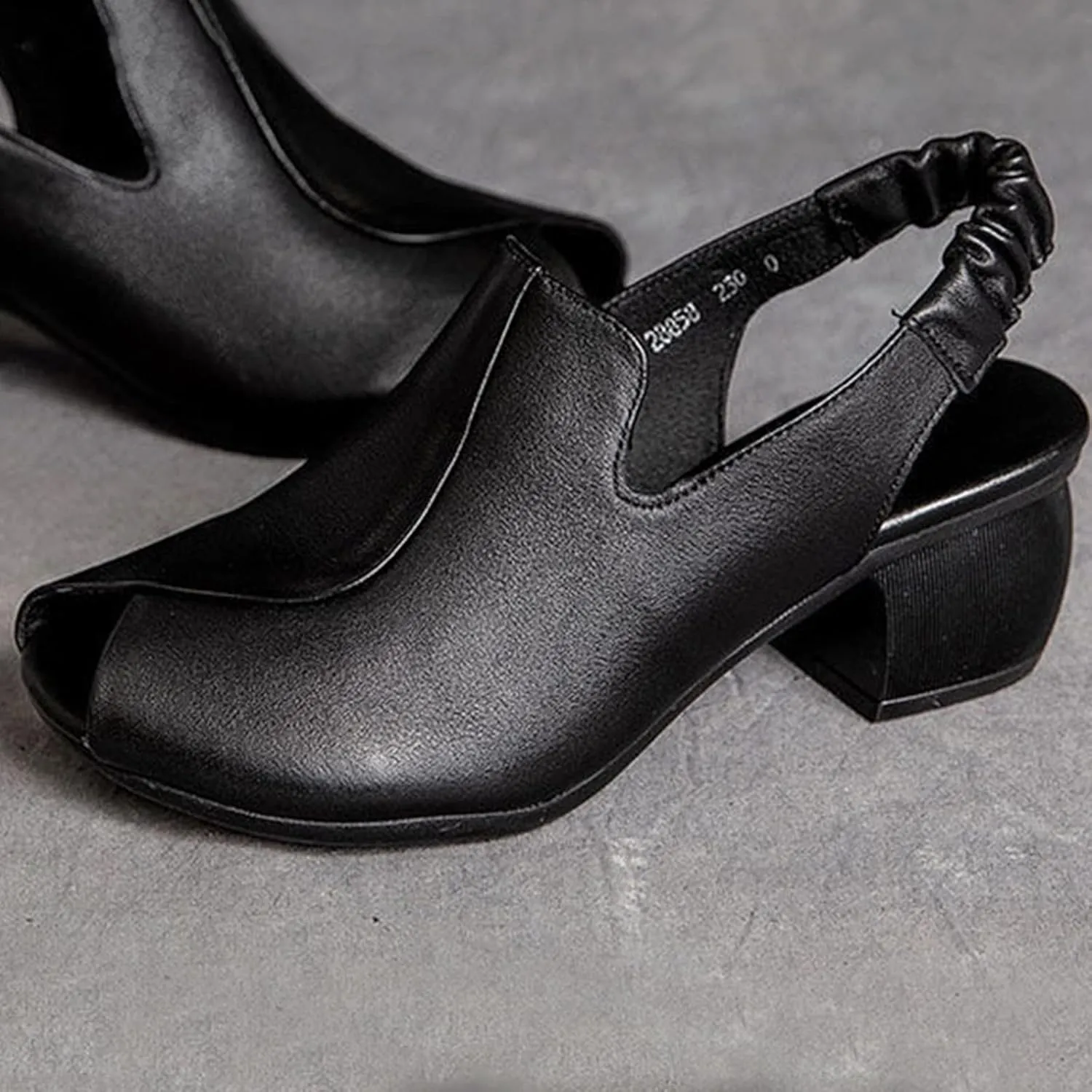 Women's Sandal Leather Fish Mouth Chunky Dress Shoes Slingback Block Heel Open Toe Sandal with Adjustable Strap