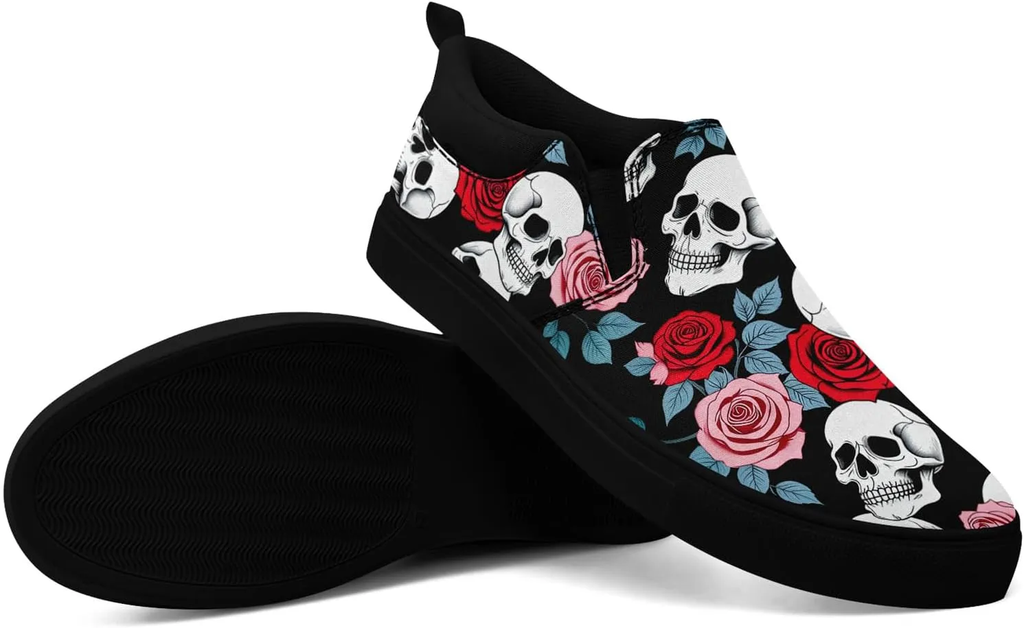 Women's Slip-on Canvas Shoes – Floral Skull Casual Loafers Trendy Comfortable Walking Skate Sneakers for Men