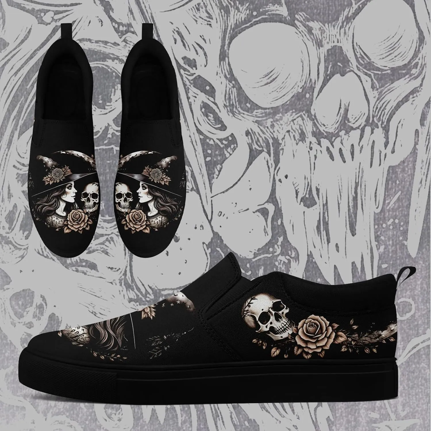 Women's Slip-on Canvas Shoes – Floral Skull Casual Loafers Trendy Comfortable Walking Skate Sneakers for Men