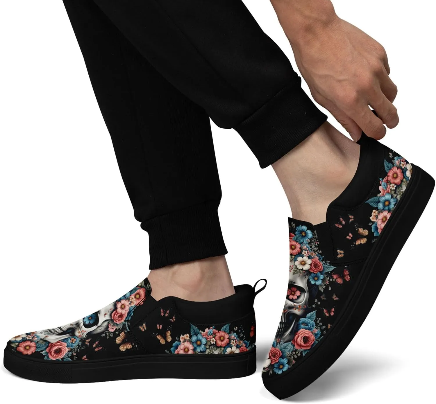 Women's Slip-on Canvas Shoes – Floral Skull Casual Loafers Trendy Comfortable Walking Skate Sneakers for Men