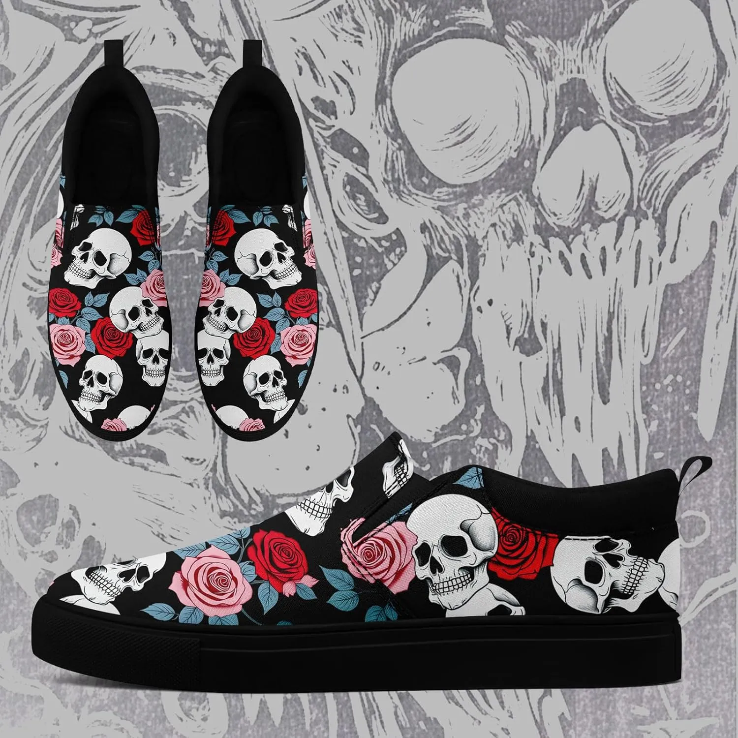 Women's Slip-on Canvas Shoes – Floral Skull Casual Loafers Trendy Comfortable Walking Skate Sneakers for Men