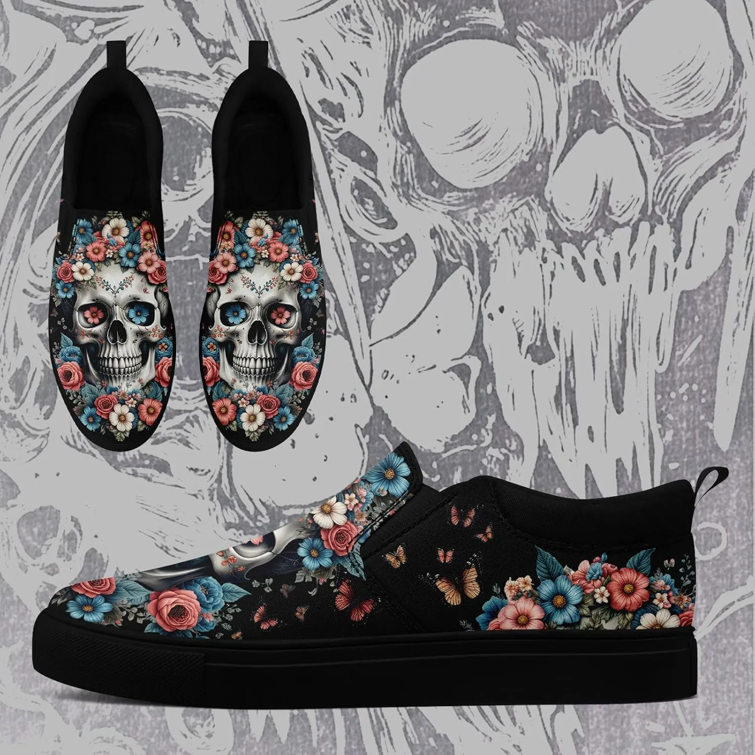 Women's Slip-on Canvas Shoes – Floral Skull Casual Loafers Trendy Comfortable Walking Skate Sneakers for Men