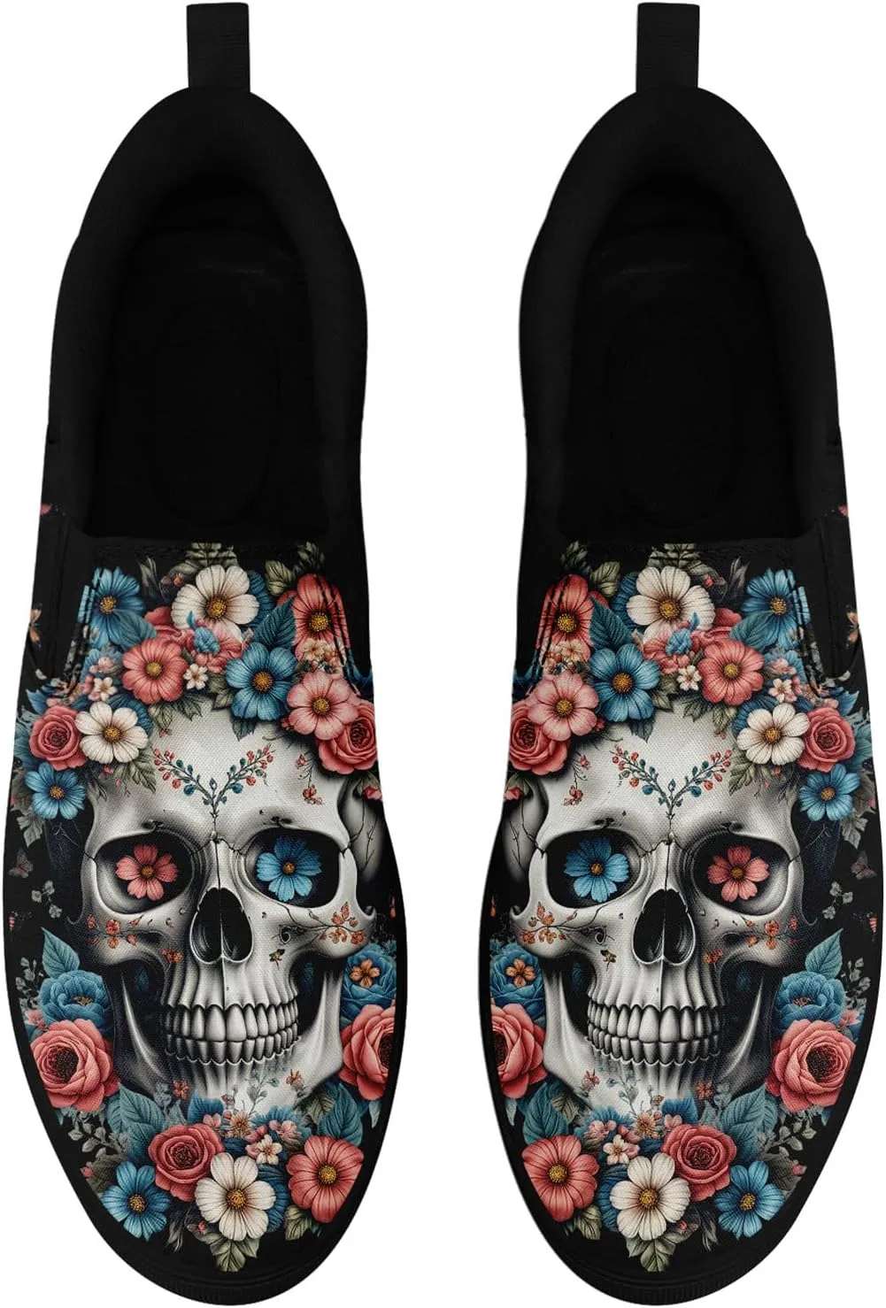 Women's Slip-on Canvas Shoes – Floral Skull Casual Loafers Trendy Comfortable Walking Skate Sneakers for Men