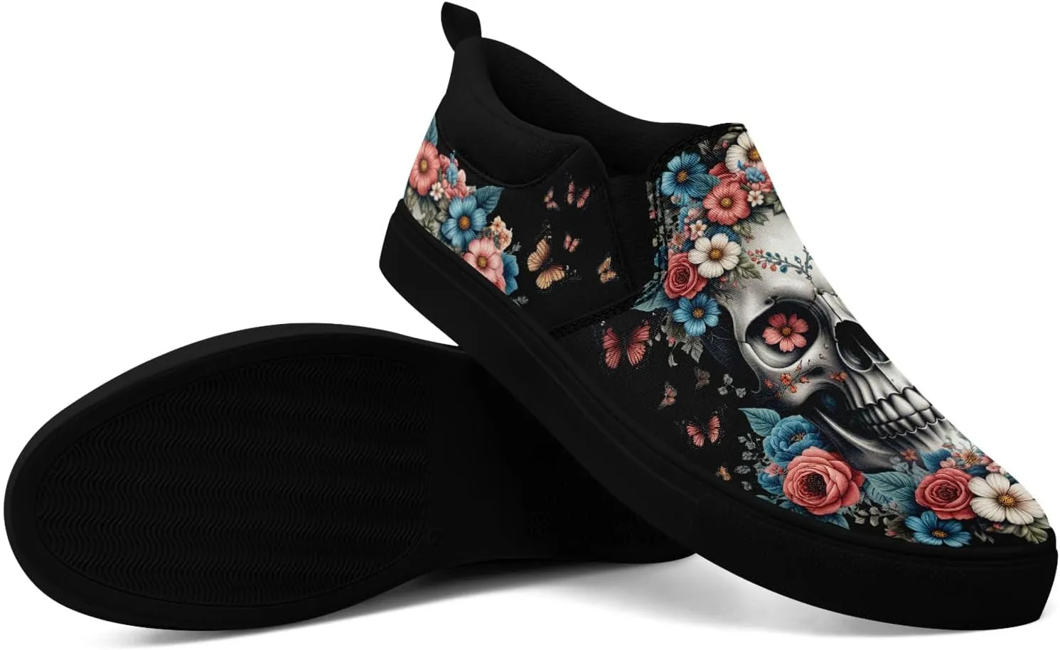 Women's Slip-on Canvas Shoes – Floral Skull Casual Loafers Trendy Comfortable Walking Skate Sneakers for Men