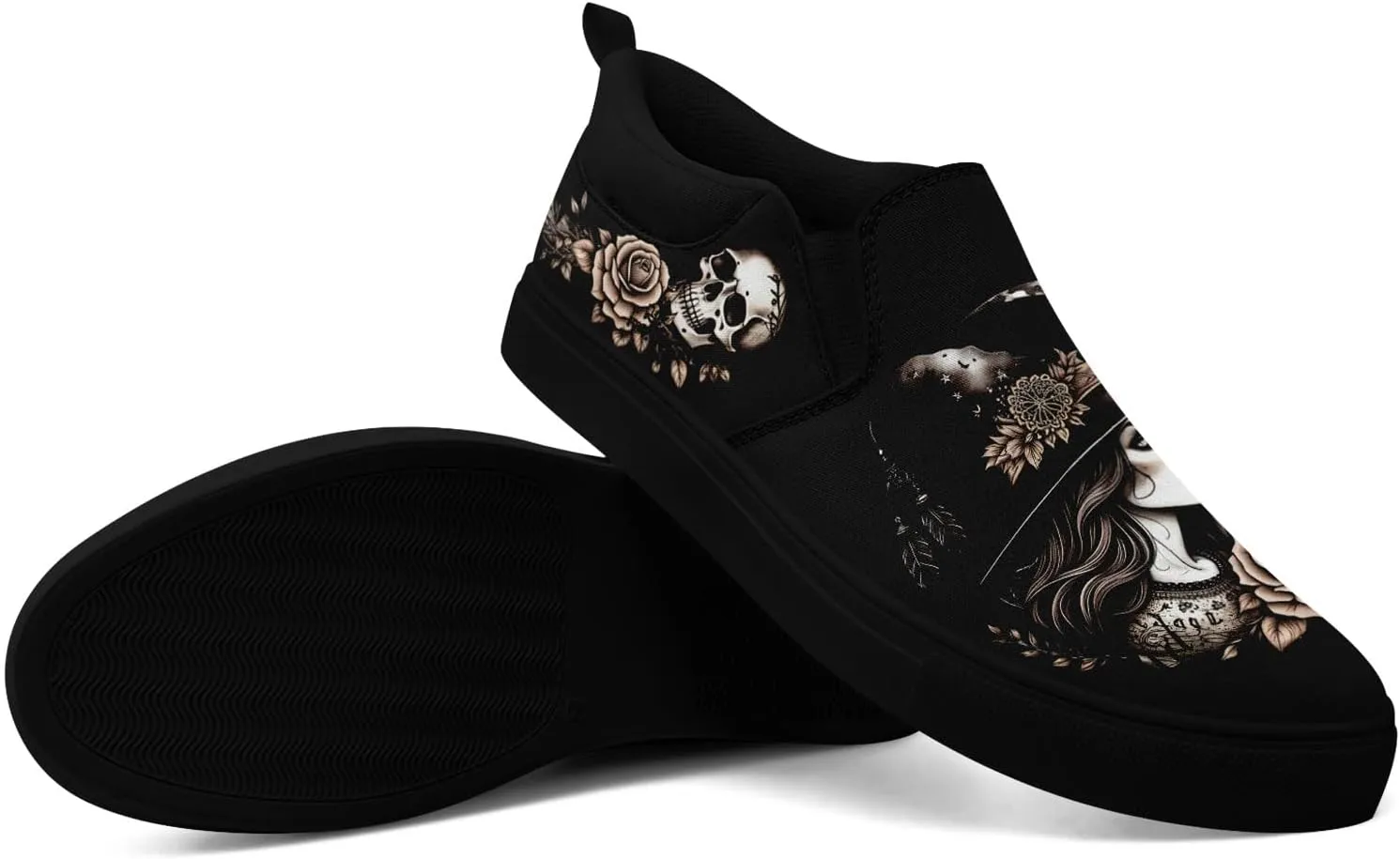 Women's Slip-on Canvas Shoes – Floral Skull Casual Loafers Trendy Comfortable Walking Skate Sneakers for Men