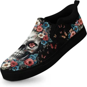 Women's Slip-on Canvas Shoes – Floral Skull Casual Loafers Trendy Comfortable Walking Skate Sneakers for Men