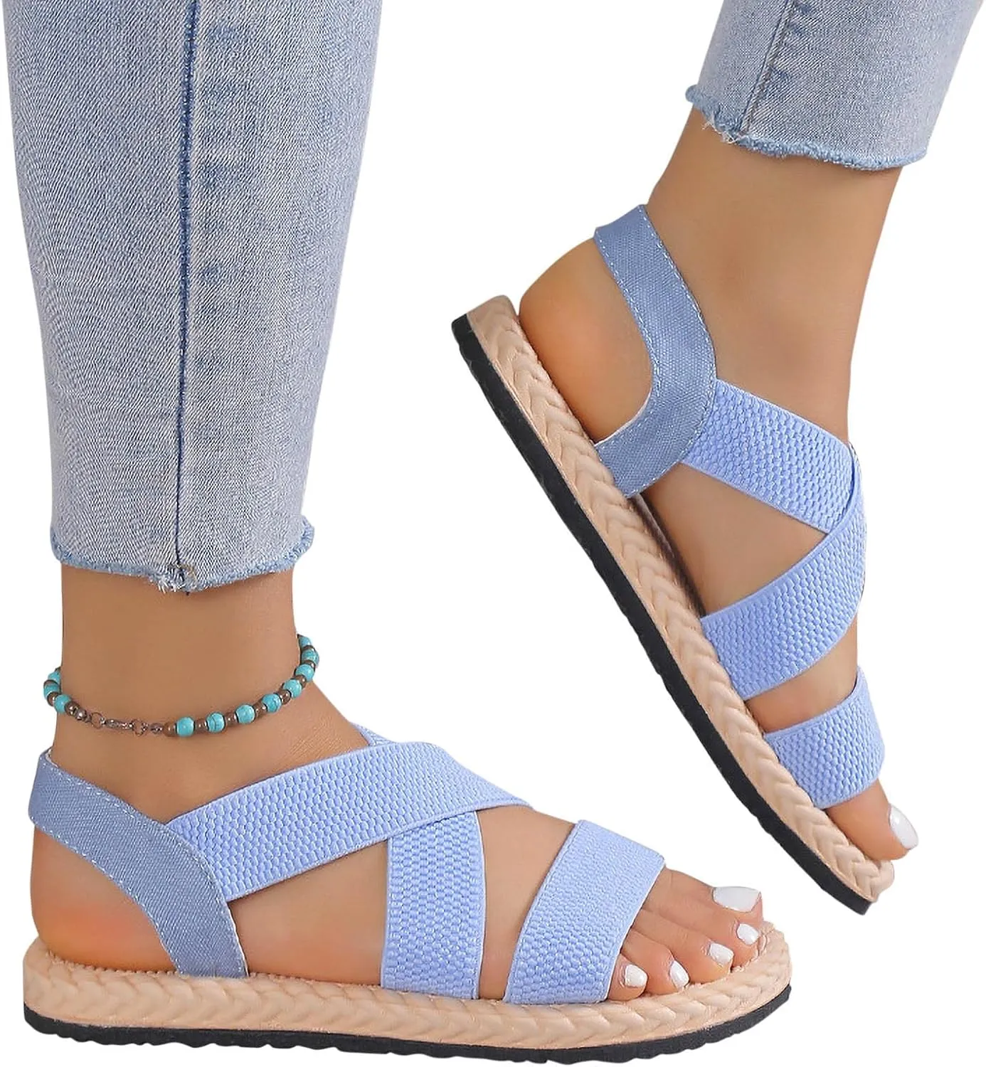 Women's Solid Textured Strappy Sandals Stretch Ankle Shoe Spring Trendy Braided Sandal Beach Vacation Flats