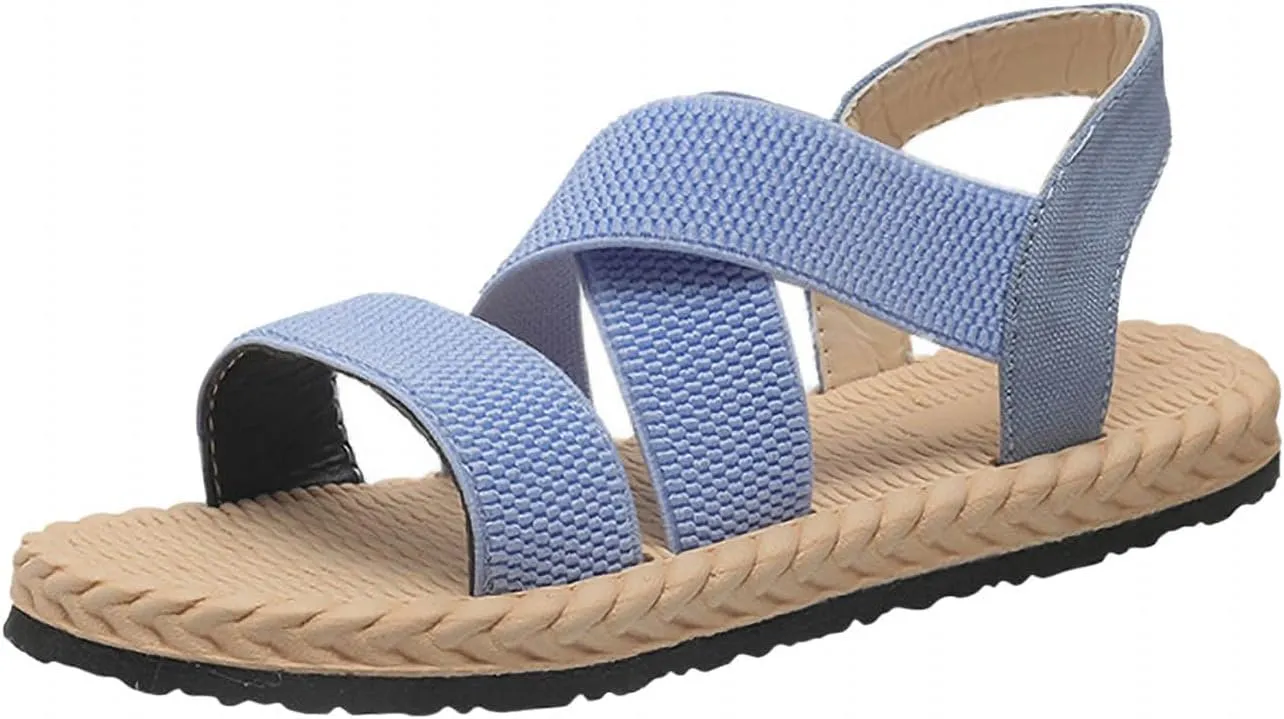 Women's Solid Textured Strappy Sandals Stretch Ankle Shoe Spring Trendy Braided Sandal Beach Vacation Flats