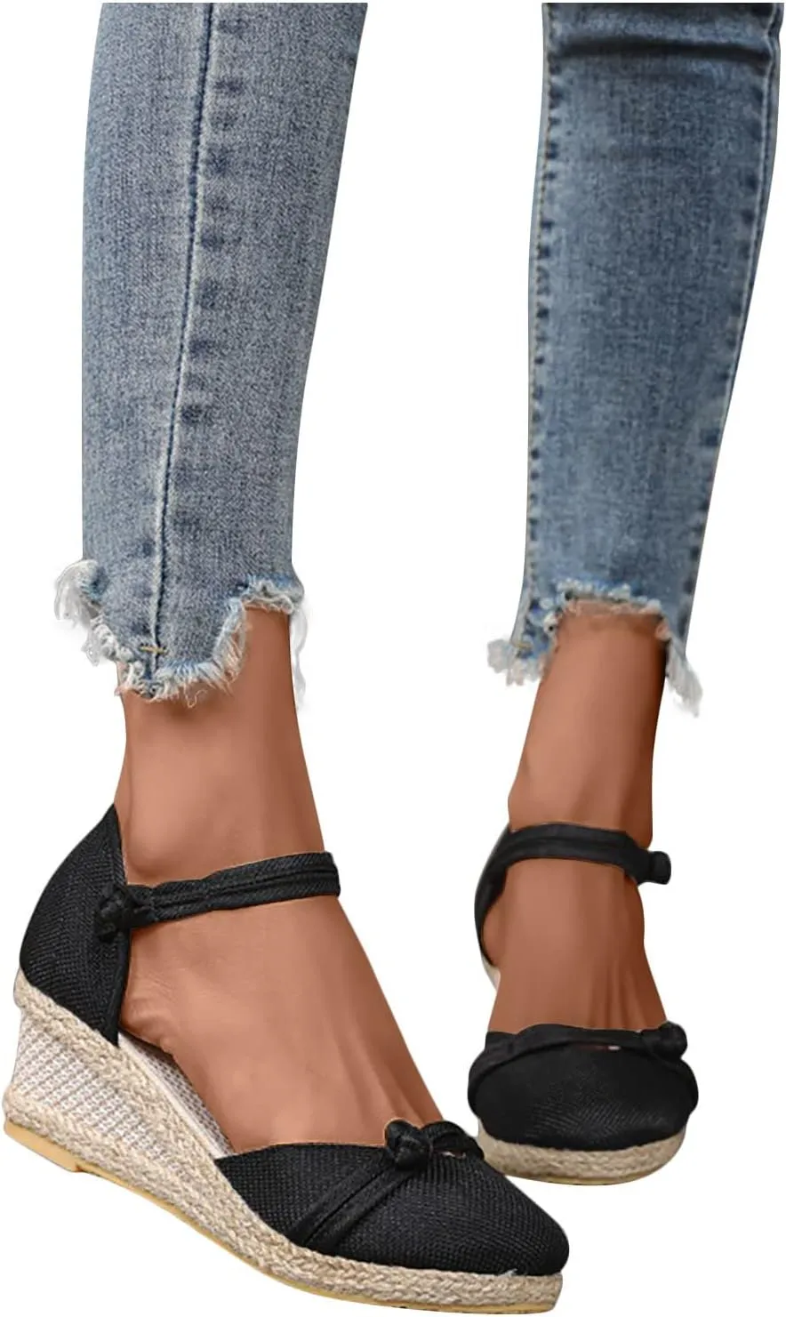 Women's Solid Textured Wedge Sandals Chinese Style Buckle Braided Shoe Closed Toe Summer High Heels Elegant Sandal