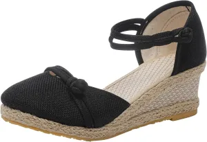 Women's Solid Textured Wedge Sandals Chinese Style Buckle Braided Shoe Closed Toe Summer High Heels Elegant Sandal