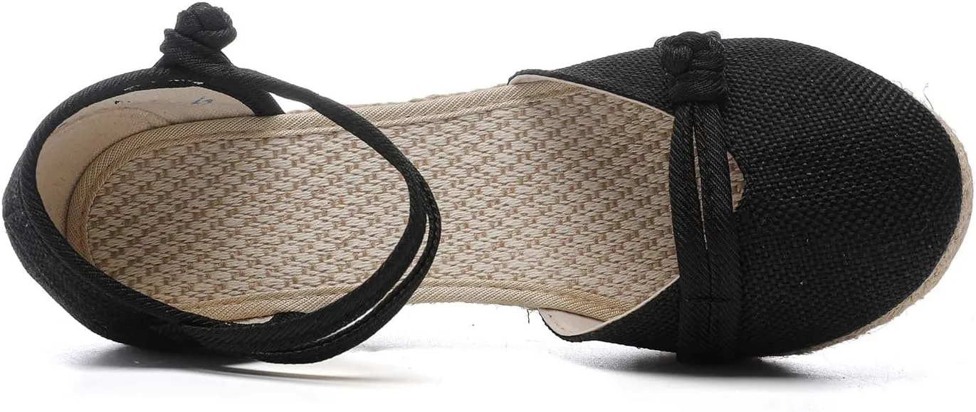 Women's Solid Textured Wedge Sandals Chinese Style Buckle Braided Shoe Closed Toe Summer High Heels Elegant Sandal