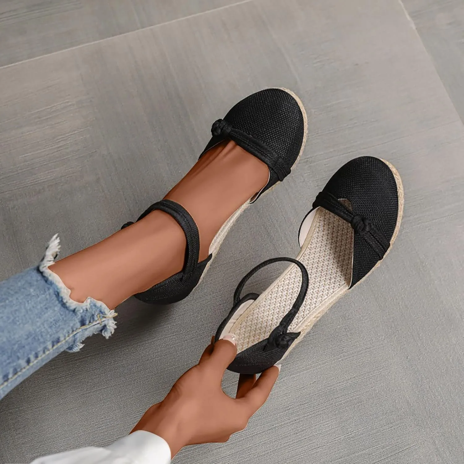 Women's Solid Textured Wedge Sandals Chinese Style Buckle Braided Shoe Closed Toe Summer High Heels Elegant Sandal