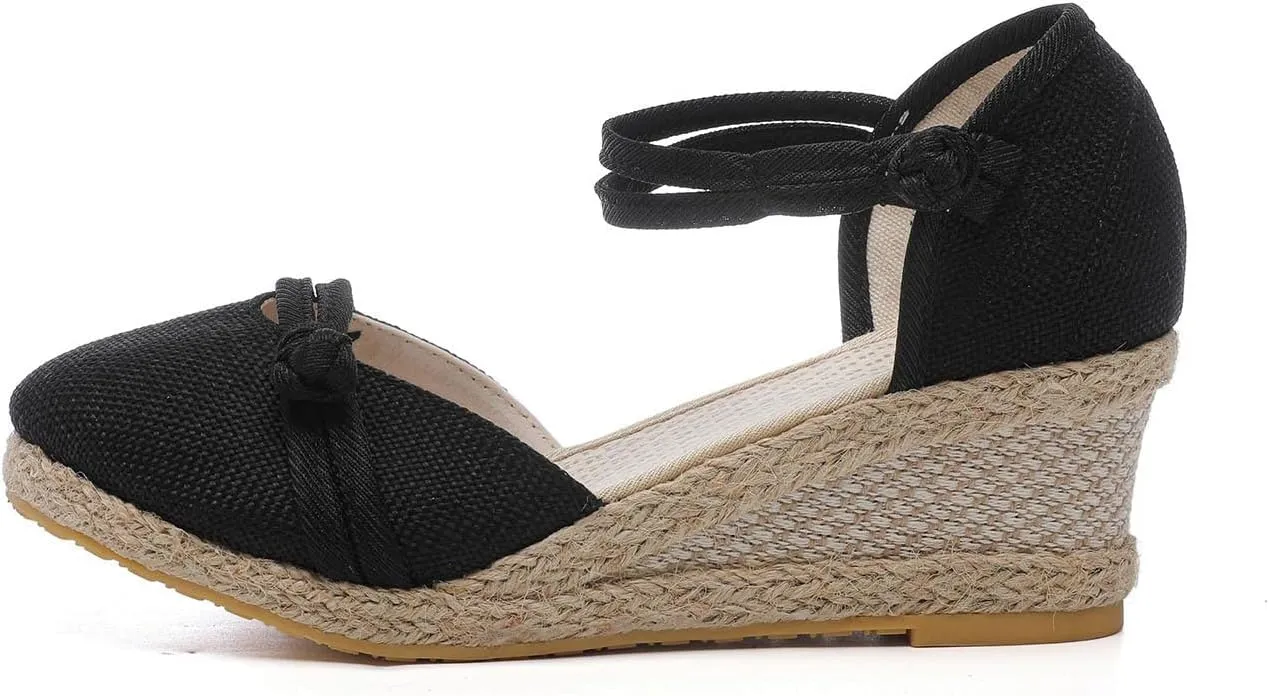 Women's Solid Textured Wedge Sandals Chinese Style Buckle Braided Shoe Closed Toe Summer High Heels Elegant Sandal