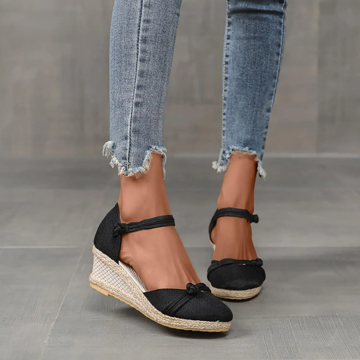 Women's Solid Textured Wedge Sandals Chinese Style Buckle Braided Shoe Closed Toe Summer High Heels Elegant Sandal