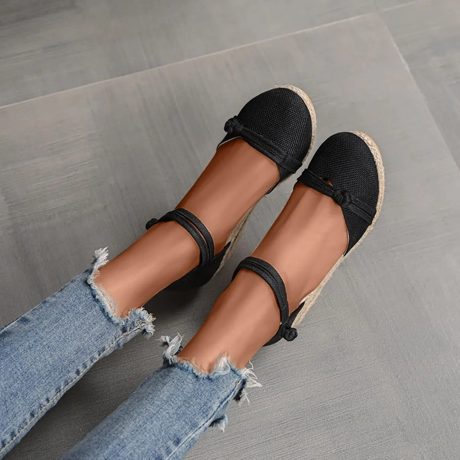 Women's Solid Textured Wedge Sandals Chinese Style Buckle Braided Shoe Closed Toe Summer High Heels Elegant Sandal