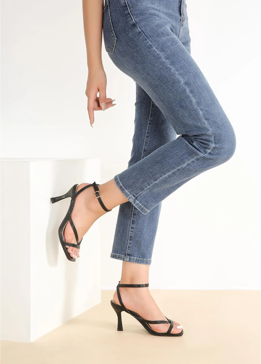 Women's Strappy Heels Lace Up Stiletto High Heeled Sandals Square Open Toe Thong Ankle Strap Sexy Fashion Comfort Dress Shoes Party Sandals