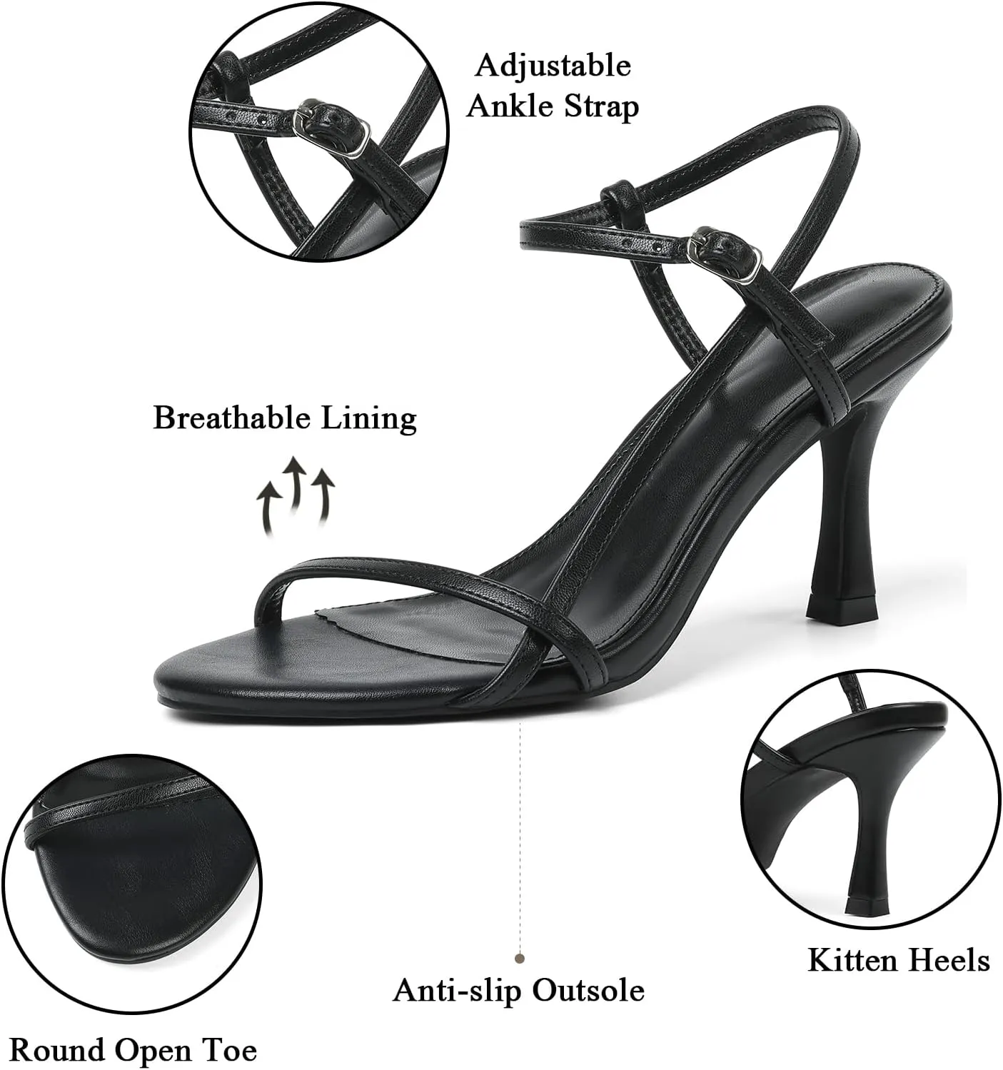Womens Strappy Heels Sandals Kitten Heels Round Open Toe Heeled Ankle Strap Sandals Sexy Fashion Comfort Dress Shoes for Summer Party Wedding