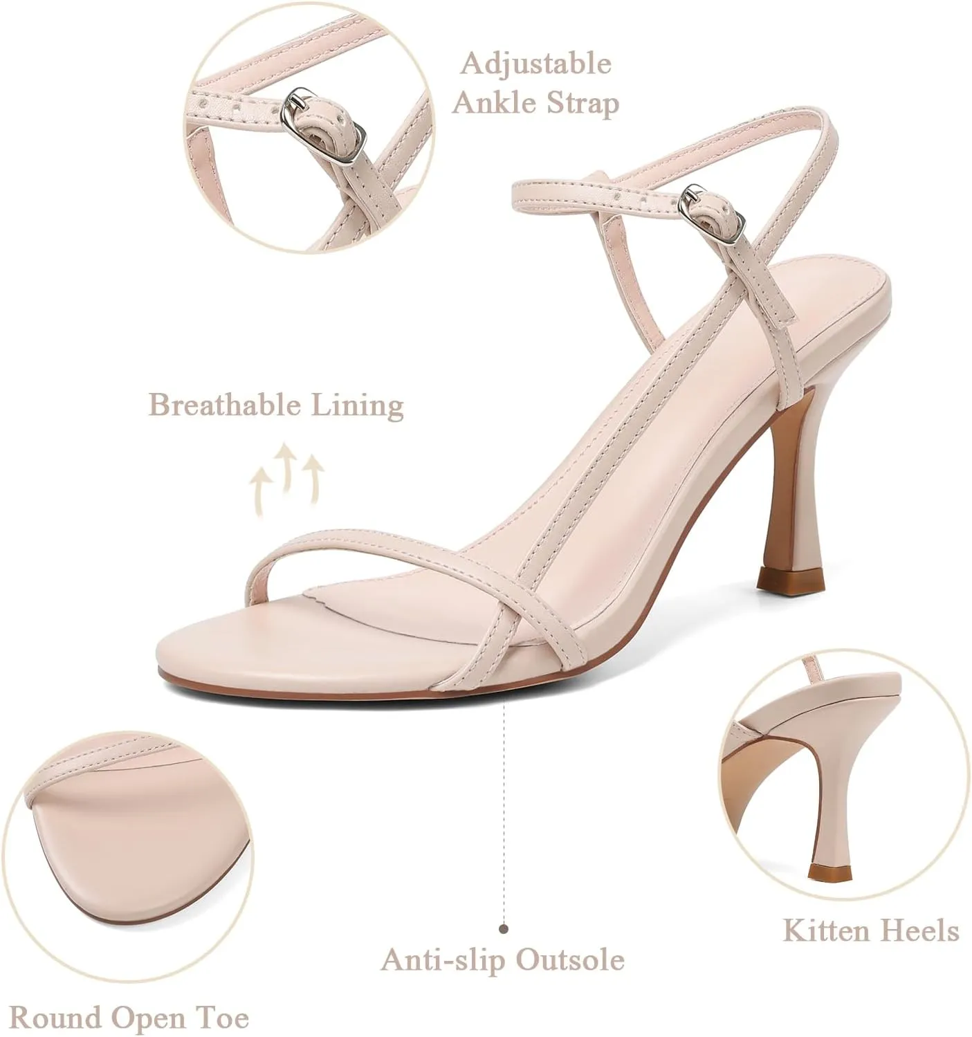 Womens Strappy Heels Sandals Kitten Heels Round Open Toe Heeled Ankle Strap Sandals Sexy Fashion Comfort Dress Shoes for Summer Party Wedding