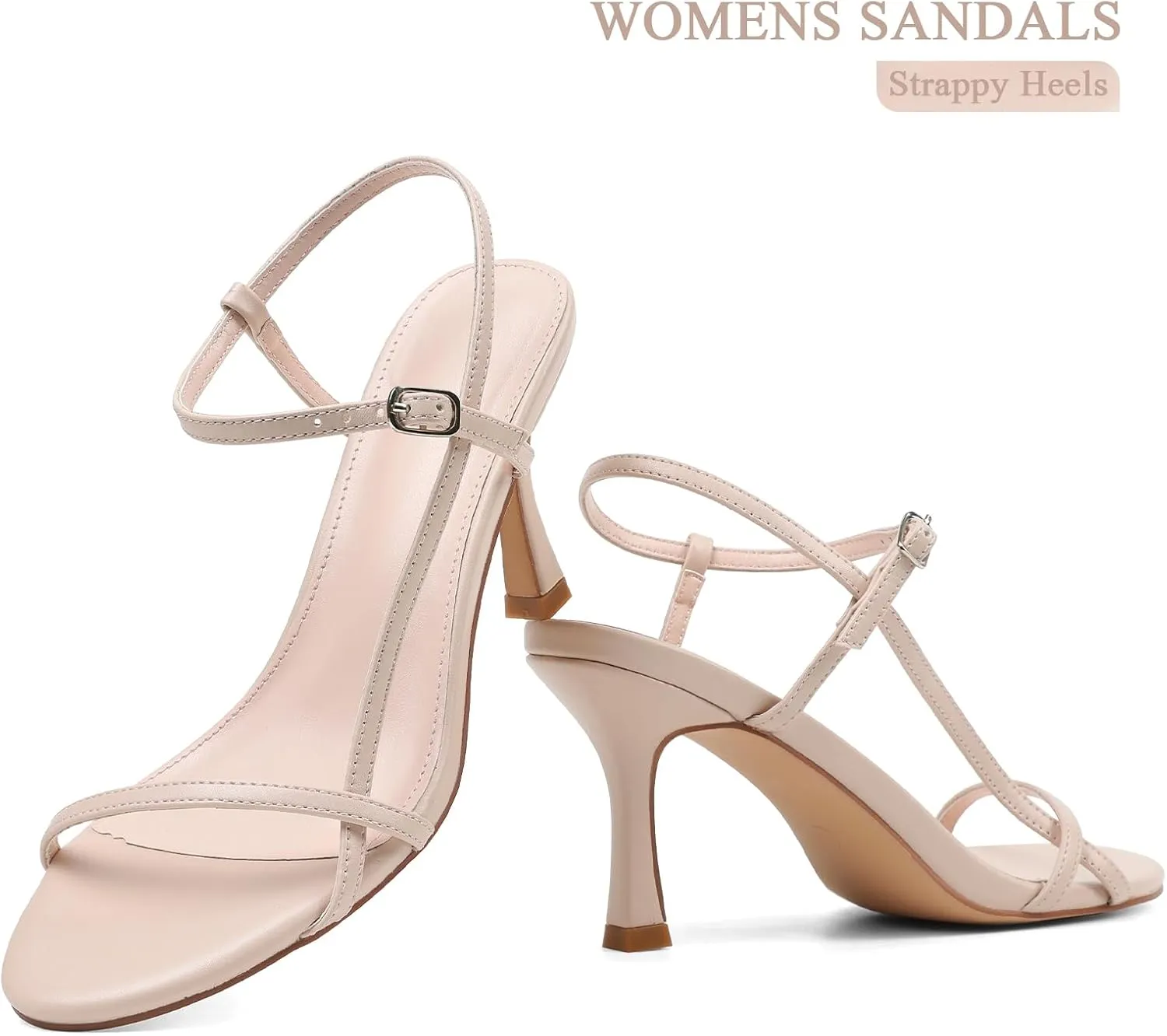 Womens Strappy Heels Sandals Kitten Heels Round Open Toe Heeled Ankle Strap Sandals Sexy Fashion Comfort Dress Shoes for Summer Party Wedding