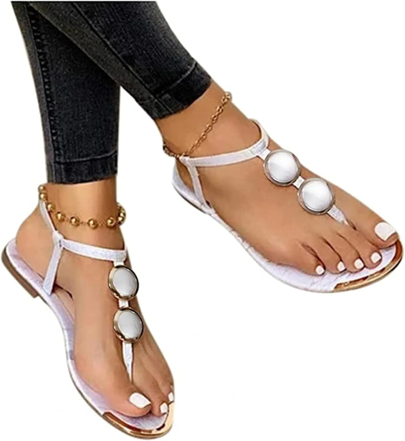Women's Summer Sandals,Womens Casual Boho Crystal T-Strap Clip Toe Flip Flops Comfy Beach Flat Shoes Sandals for Women
