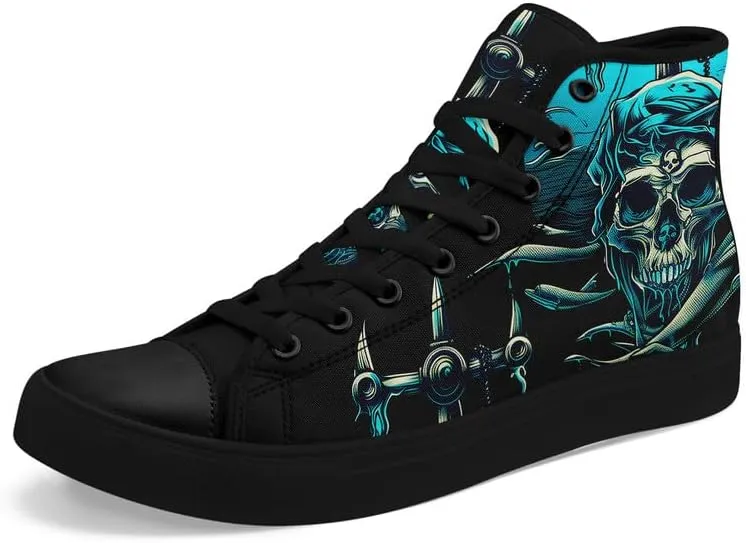 Womens/Mens Fashion High Top Canvas Shoes Lace Up Skull Black Canvas Sneaker Non Slip Casual Comfortable Walking Tennis Shoes