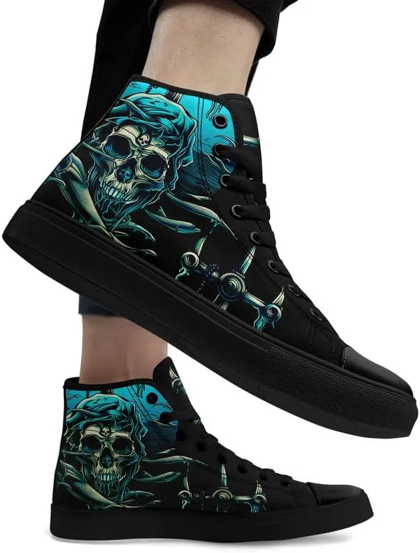 Womens/Mens Fashion High Top Canvas Shoes Lace Up Skull Black Canvas Sneaker Non Slip Casual Comfortable Walking Tennis Shoes