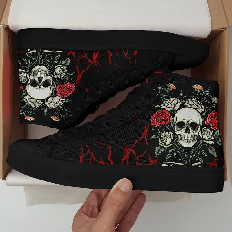 Womens/Mens Fashion High Top Canvas Shoes Lace Up Skull Black Canvas Sneaker Non Slip Casual Comfortable Walking Tennis Shoes