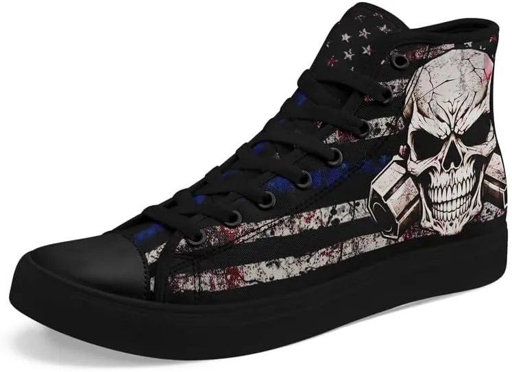 Womens/Mens Fashion High Top Canvas Shoes Lace Up Skull Black Canvas Sneaker Non Slip Casual Comfortable Walking Tennis Shoes