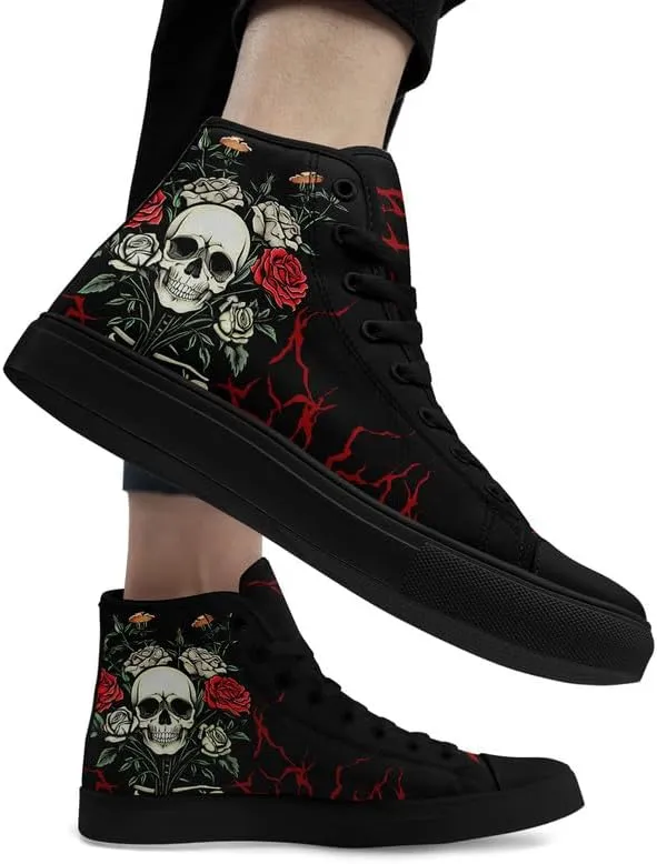 Womens/Mens Fashion High Top Canvas Shoes Lace Up Skull Black Canvas Sneaker Non Slip Casual Comfortable Walking Tennis Shoes
