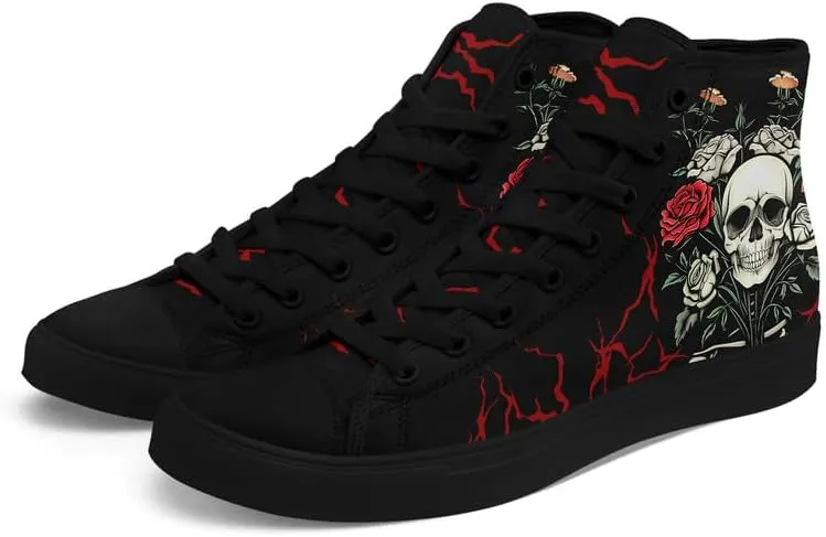 Womens/Mens Fashion High Top Canvas Shoes Lace Up Skull Black Canvas Sneaker Non Slip Casual Comfortable Walking Tennis Shoes