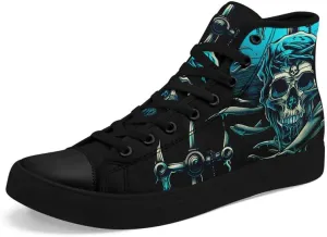 Womens/Mens Fashion High Top Canvas Shoes Lace Up Skull Black Canvas Sneaker Non Slip Casual Comfortable Walking Tennis Shoes