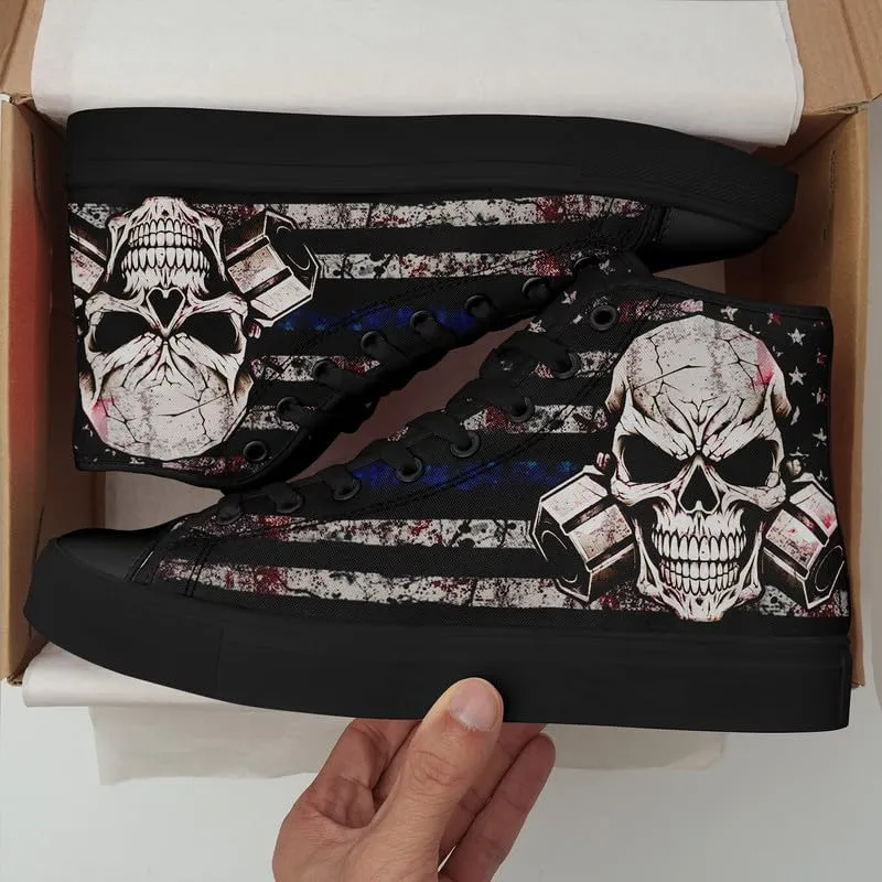 Womens/Mens Fashion High Top Canvas Shoes Lace Up Skull Black Canvas Sneaker Non Slip Casual Comfortable Walking Tennis Shoes