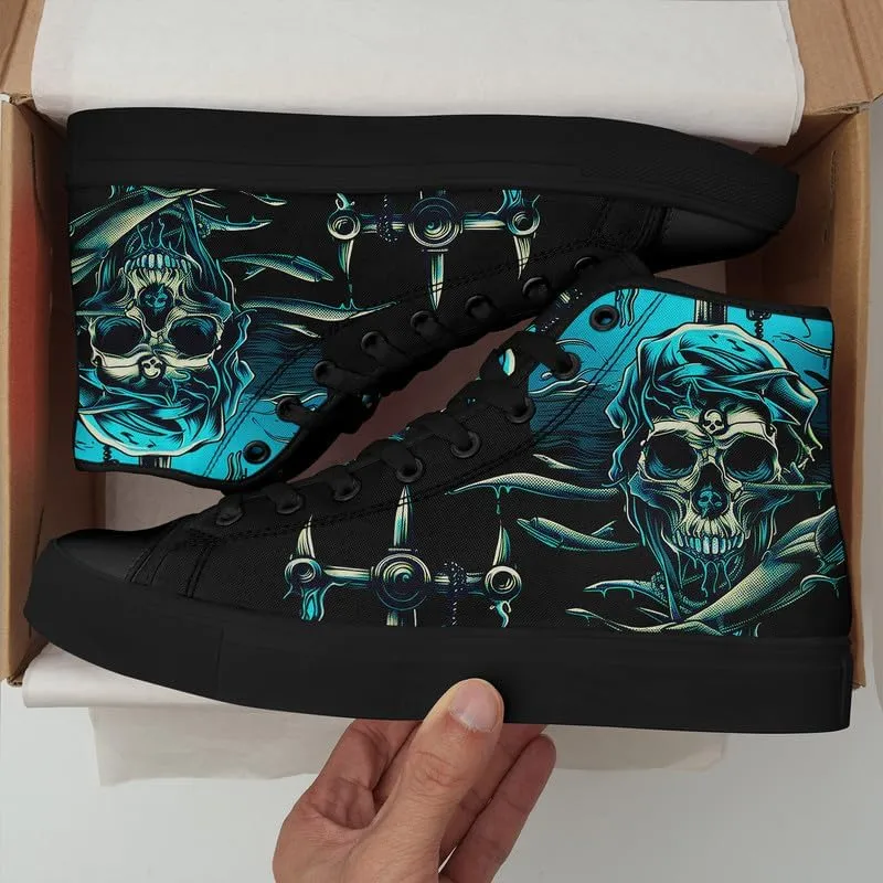 Womens/Mens Fashion High Top Canvas Shoes Lace Up Skull Black Canvas Sneaker Non Slip Casual Comfortable Walking Tennis Shoes
