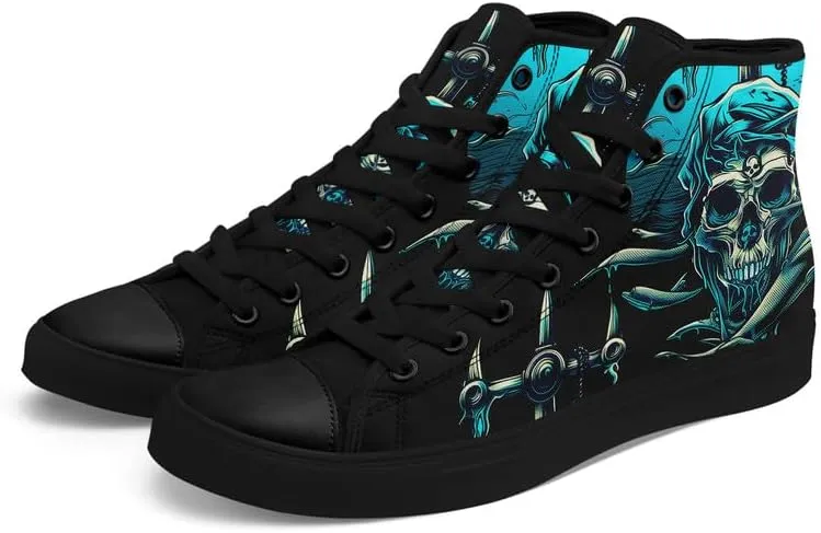 Womens/Mens Fashion High Top Canvas Shoes Lace Up Skull Black Canvas Sneaker Non Slip Casual Comfortable Walking Tennis Shoes