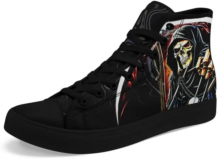 Womens/Mens Fashion High Top Canvas Shoes Lace Up Skull Black Canvas Sneaker Non Slip Casual Comfortable Walking Tennis Shoes