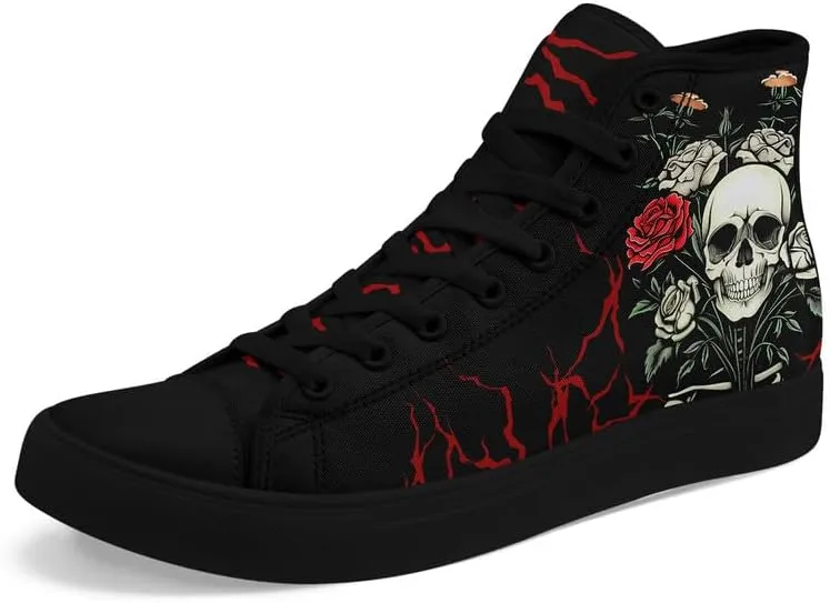 Womens/Mens Fashion High Top Canvas Shoes Lace Up Skull Black Canvas Sneaker Non Slip Casual Comfortable Walking Tennis Shoes