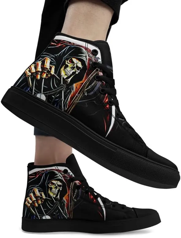 Womens/Mens Fashion High Top Canvas Shoes Lace Up Skull Black Canvas Sneaker Non Slip Casual Comfortable Walking Tennis Shoes
